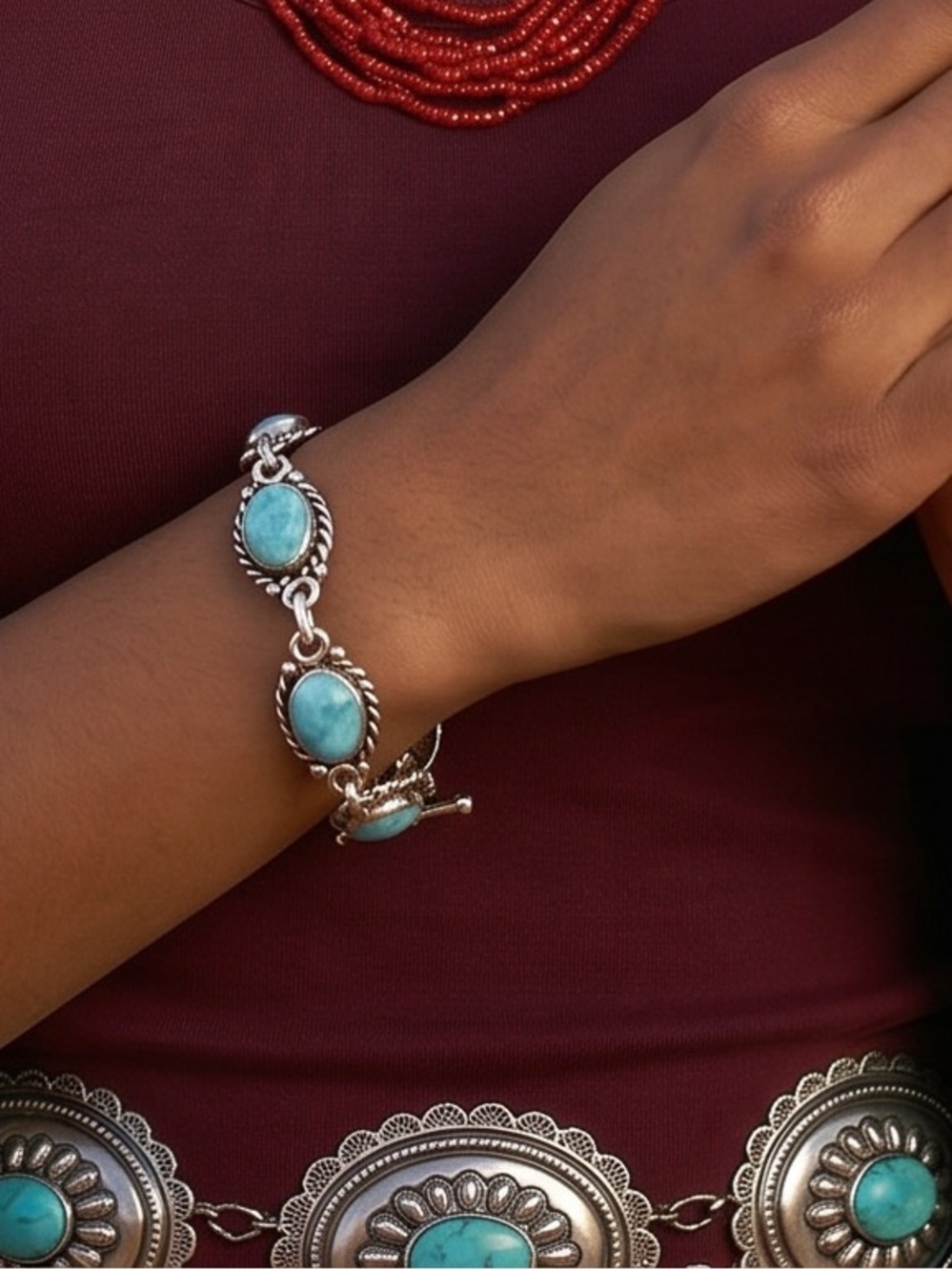 Vintage Sterling Silver Natural Larimar (7)-Gemstone Tennis Light Blue Bracelet